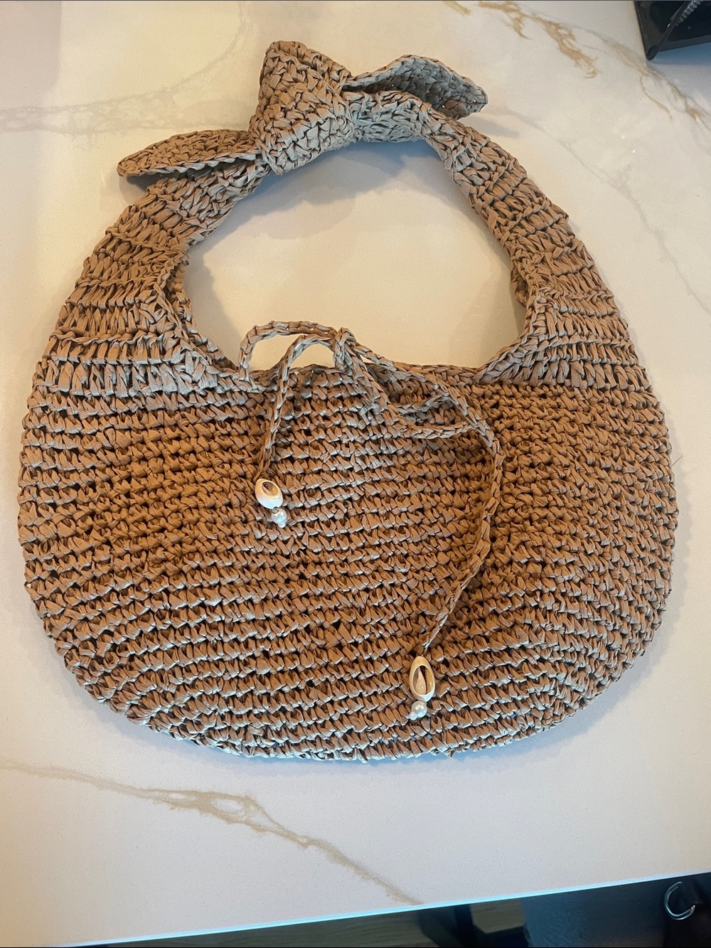 Handwoven Straw Shoulder Bag in Tan with Shell Accents